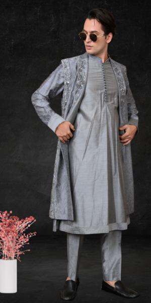 Mens spun kurta pant long sadri with zardozi hand embroidery (grey)