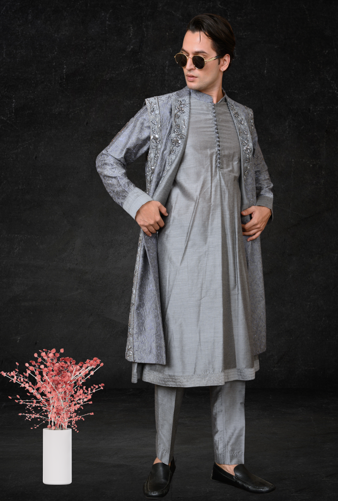 Mens spun kurta pant long sadri with zardozi hand embroidery (grey)