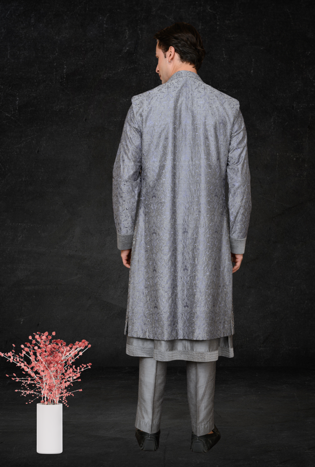 Mens spun kurta pant long sadri with zardozi hand embroidery (grey) - Image 5