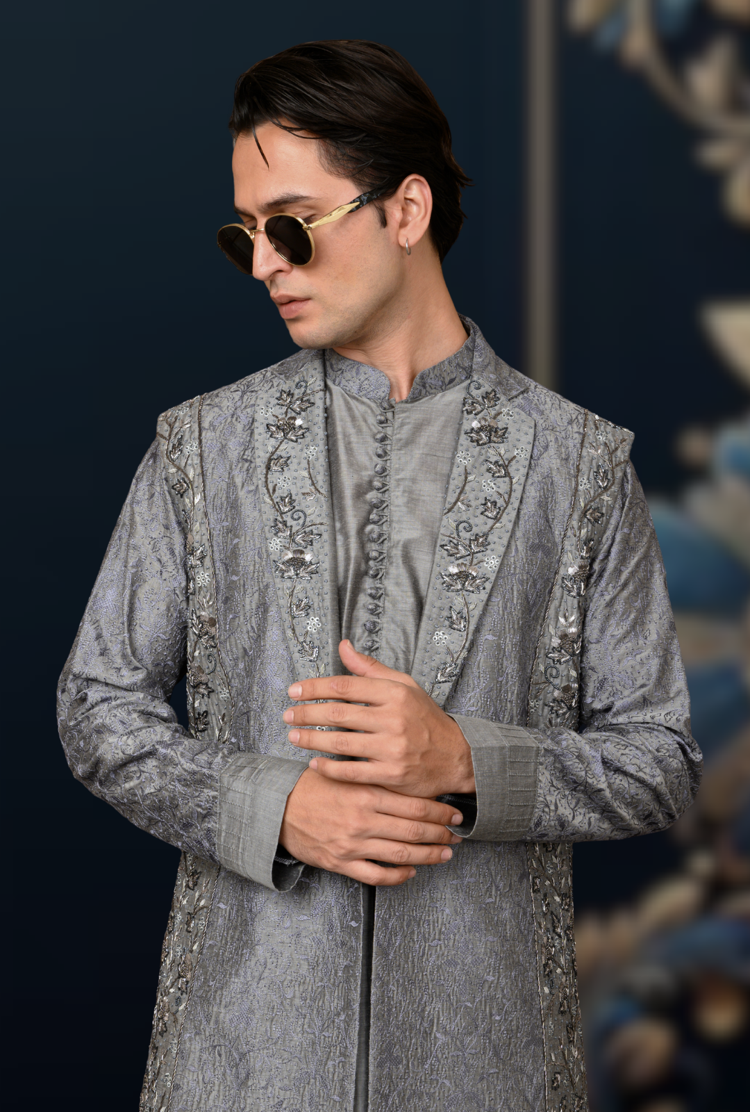 Mens spun kurta pant long sadri with zardozi hand embroidery (grey) - Image 4