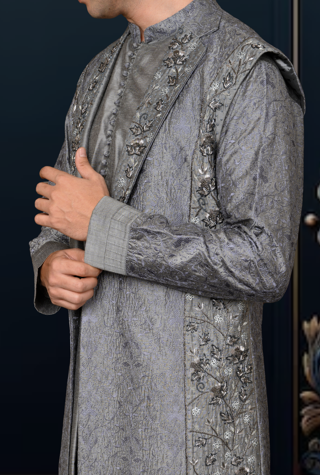 Mens spun kurta pant long sadri with zardozi hand embroidery (grey) - Image 3