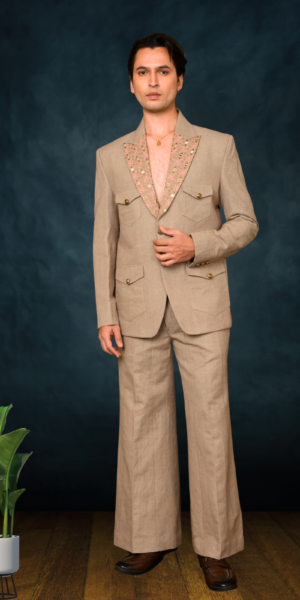 Mens Linen Mirror Hand Embroidery Blazer with Trouser (Light Chicu)