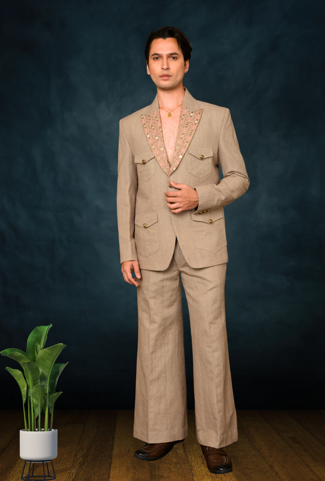 Mens Linen Mirror Hand Embroidery Blazer with Trouser (Light Chicu)