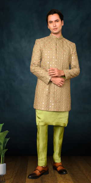 Mens Linen Indo with Hand Mirror Embroidery Mudal Satin Zari kurta pant (light Chicu and pista)