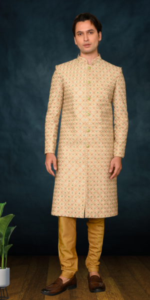 Mens Linen Sherwani French knot Hand Embroidery With Chanderi Chudi Bottom (Half white Mustard)