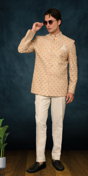 Mens Linen french knot embroidery jodhpuri with narrow  trouser (half white)