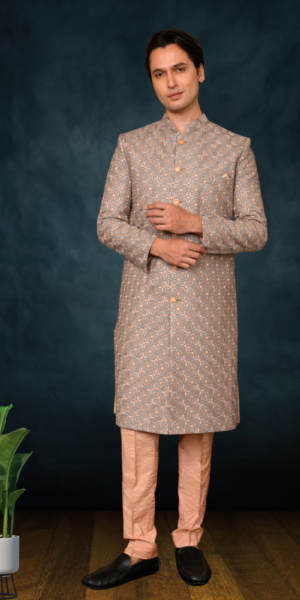 Mens Linen embroidery Sherwani with  Pant pyjama (light chicu)