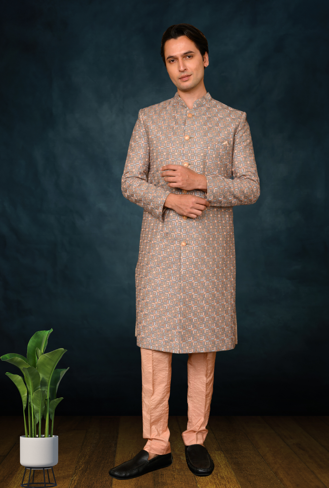 Mens Linen embroidery Sherwani with Pant pyjama (light chicu)