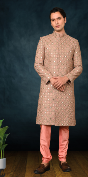 Mens Linen Mirror hand Embroidery Sherwani with Chanderi Chudi bottom (Light chiku peach)