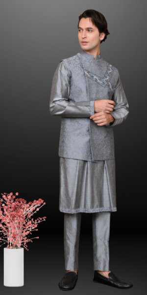 Men's spun fabric kurta pant sadri with zardozi embroidery (grey)