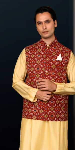 Mens jute cotton printed sadri (maroon)