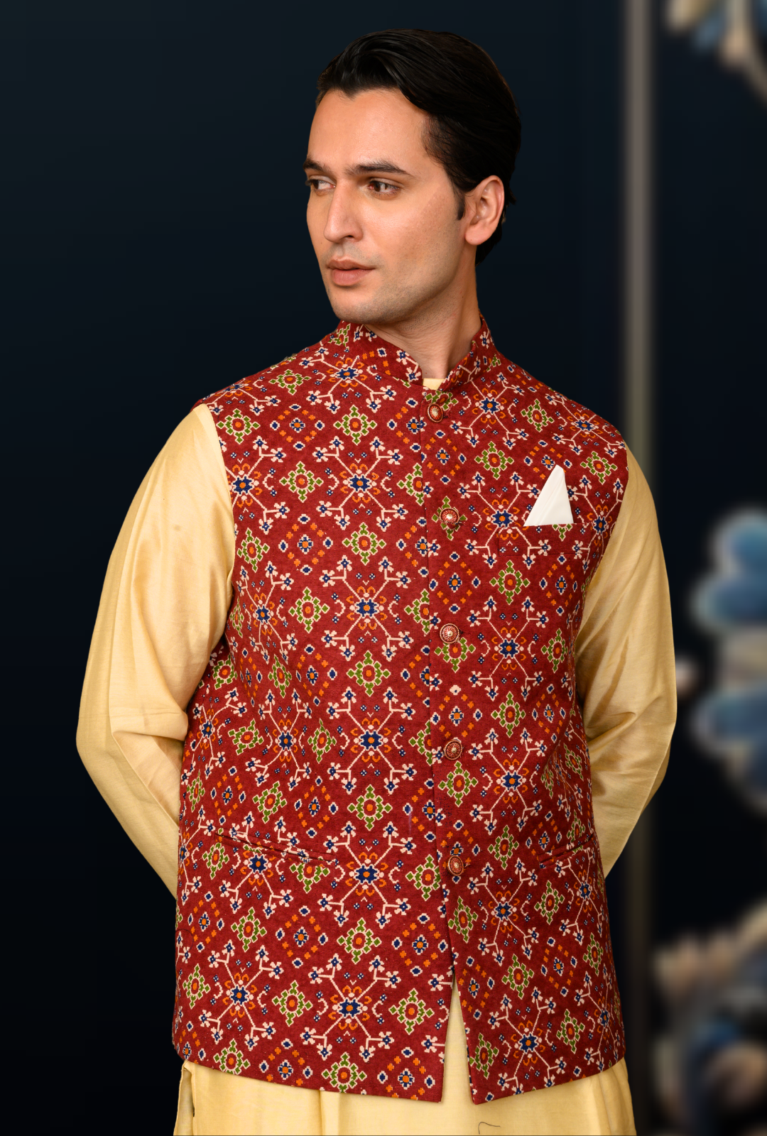 Mens jute cotton printed sadri (maroon) - Image 3