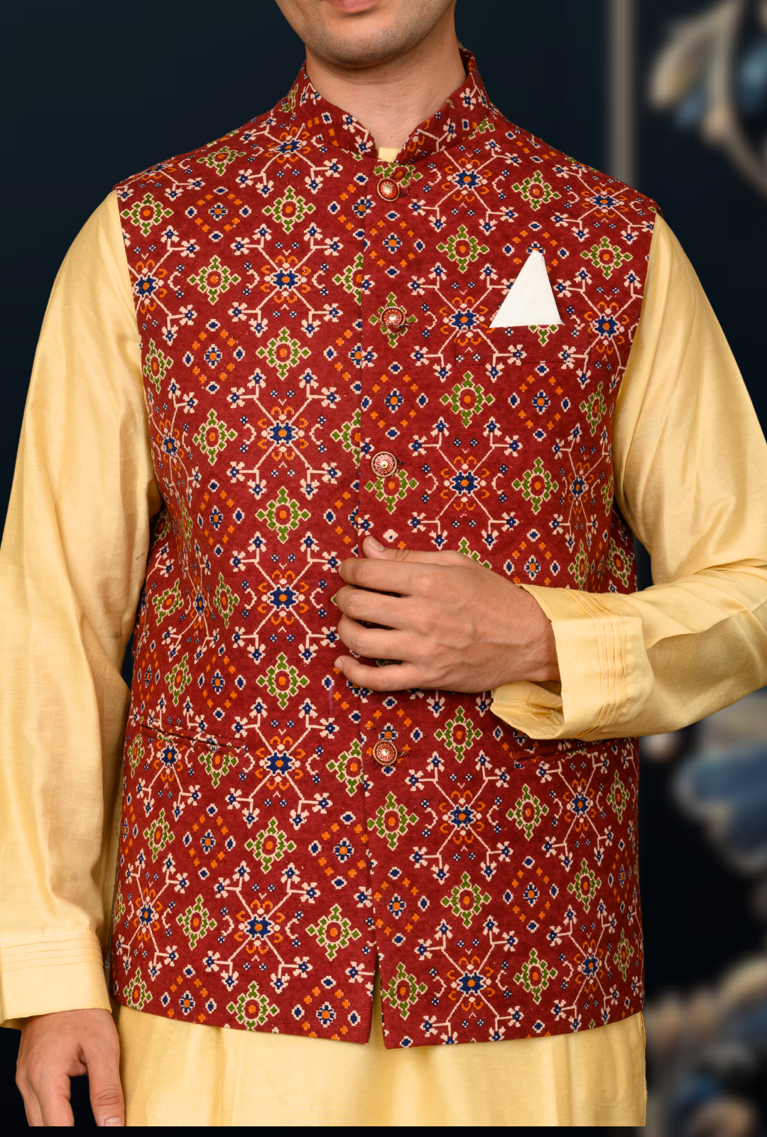 Mens jute cotton printed sadri (maroon) - Image 2
