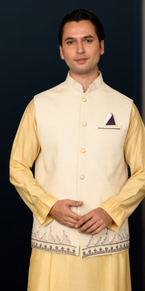 Off-White Jute Cotton Sadri with Patchwork Pockets