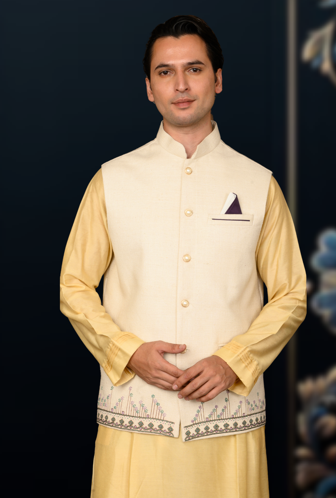 Off-White Jute Cotton Sadri with Patchwork Pockets