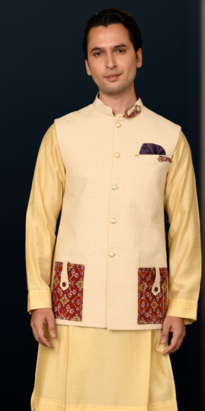 Mens jute cotton pocket print sadri (half white)