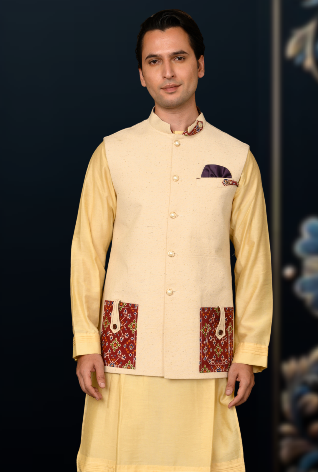 Mens jute cotton pocket print sadri (half white)