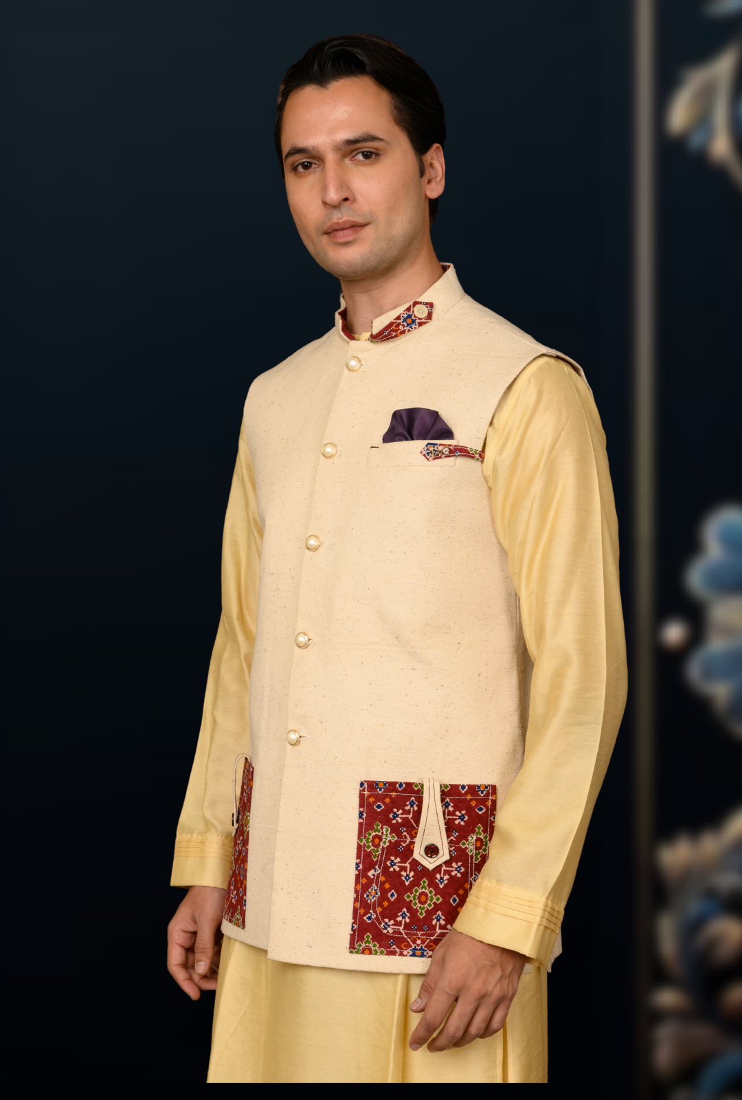Mens jute cotton pocket print sadri (half white) - Image 3