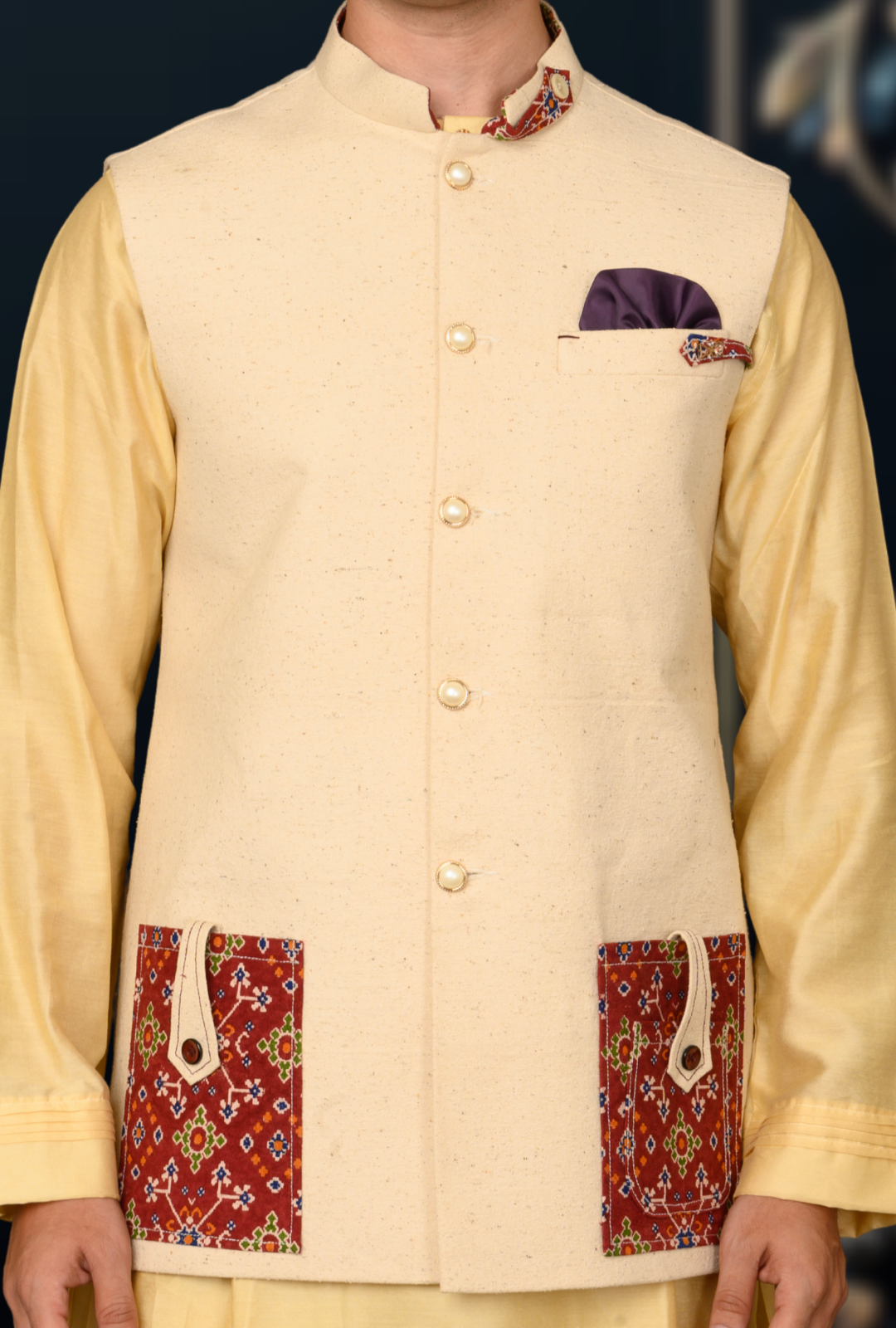 Mens jute cotton pocket print sadri (half white) - Image 2