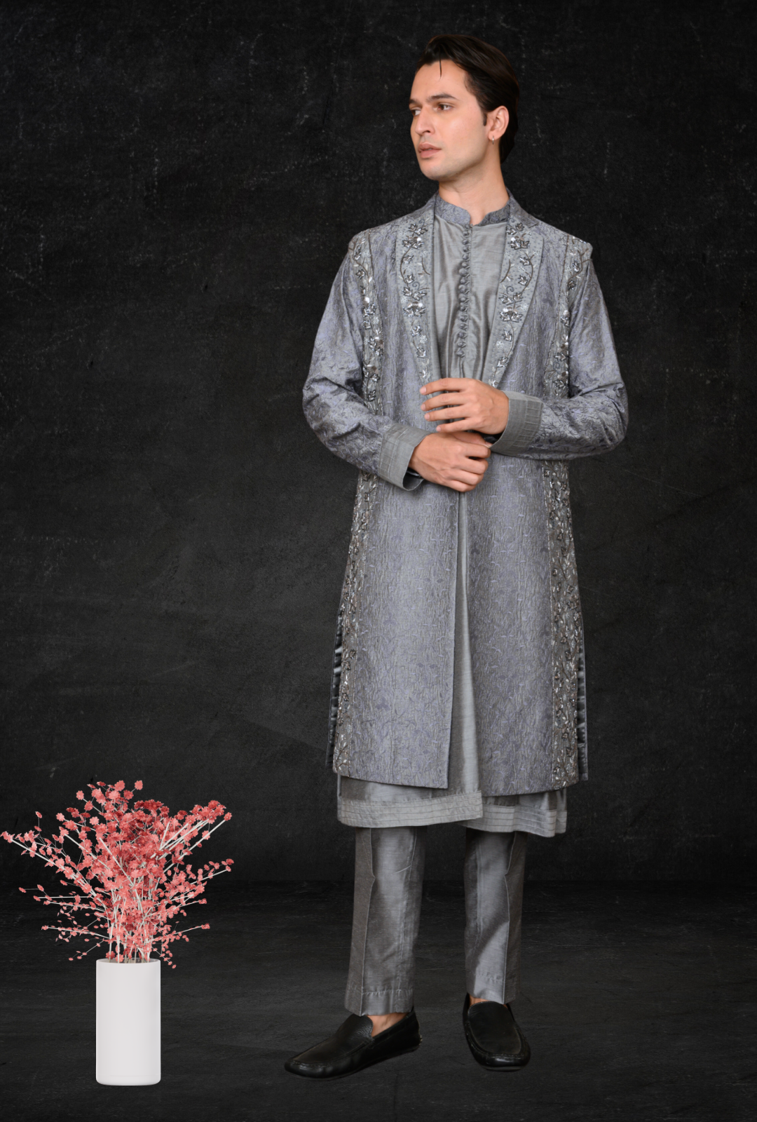 Mens spun kurta pant long sadri with zardozi hand embroidery (grey) - Image 2