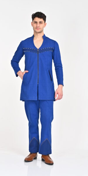 Royal Blue Denim Jacket and Pant Set with Studded Zipper and Mandarin Collar