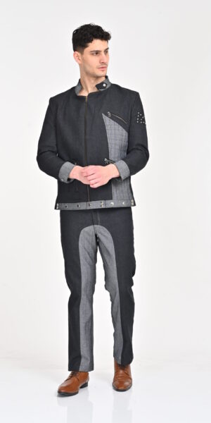 Edgy Denim Jacket with Contrasting Panels and Detachable Hood