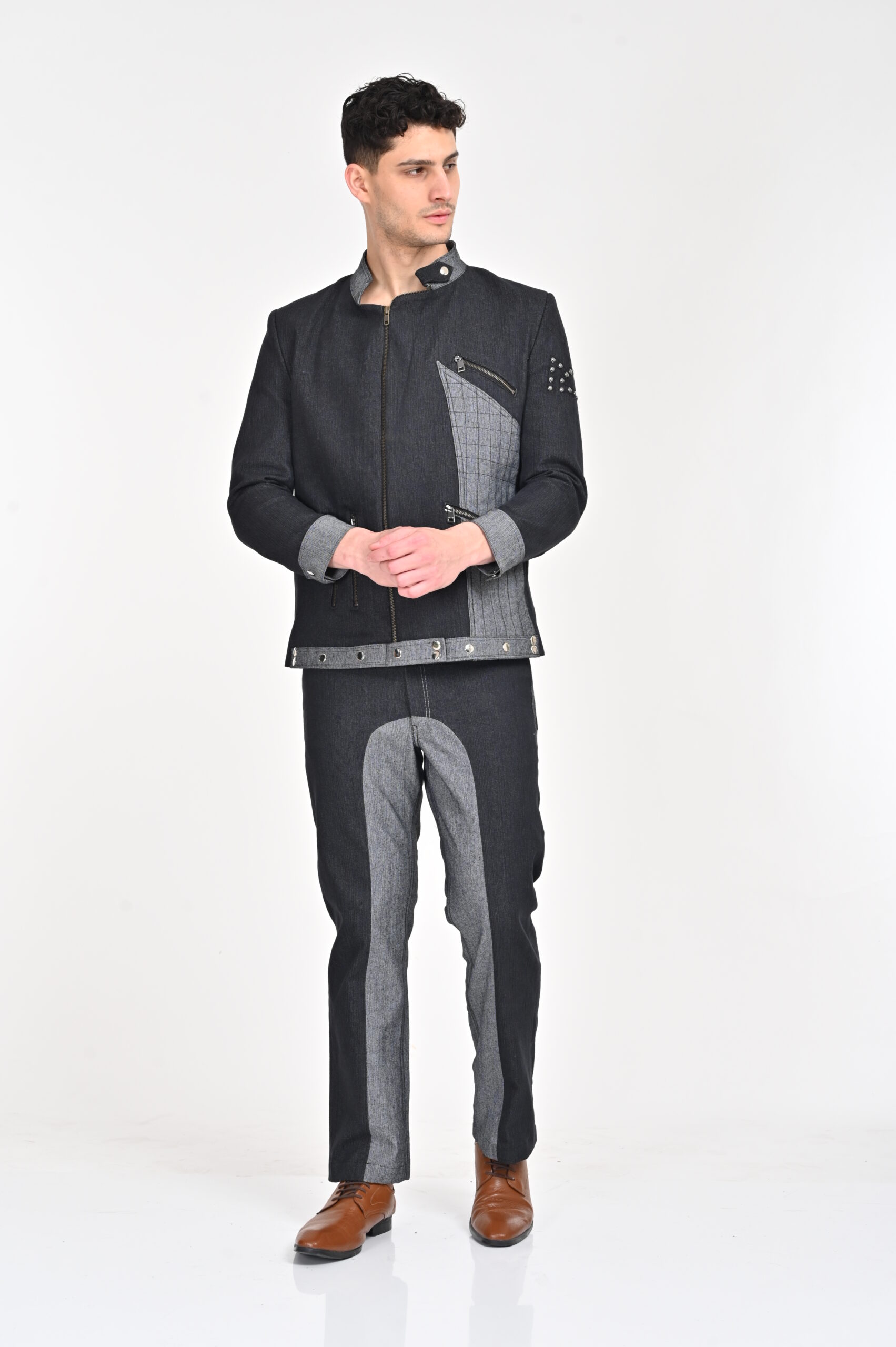 Edgy Denim Jacket with Contrasting Panels and Detachable Hood