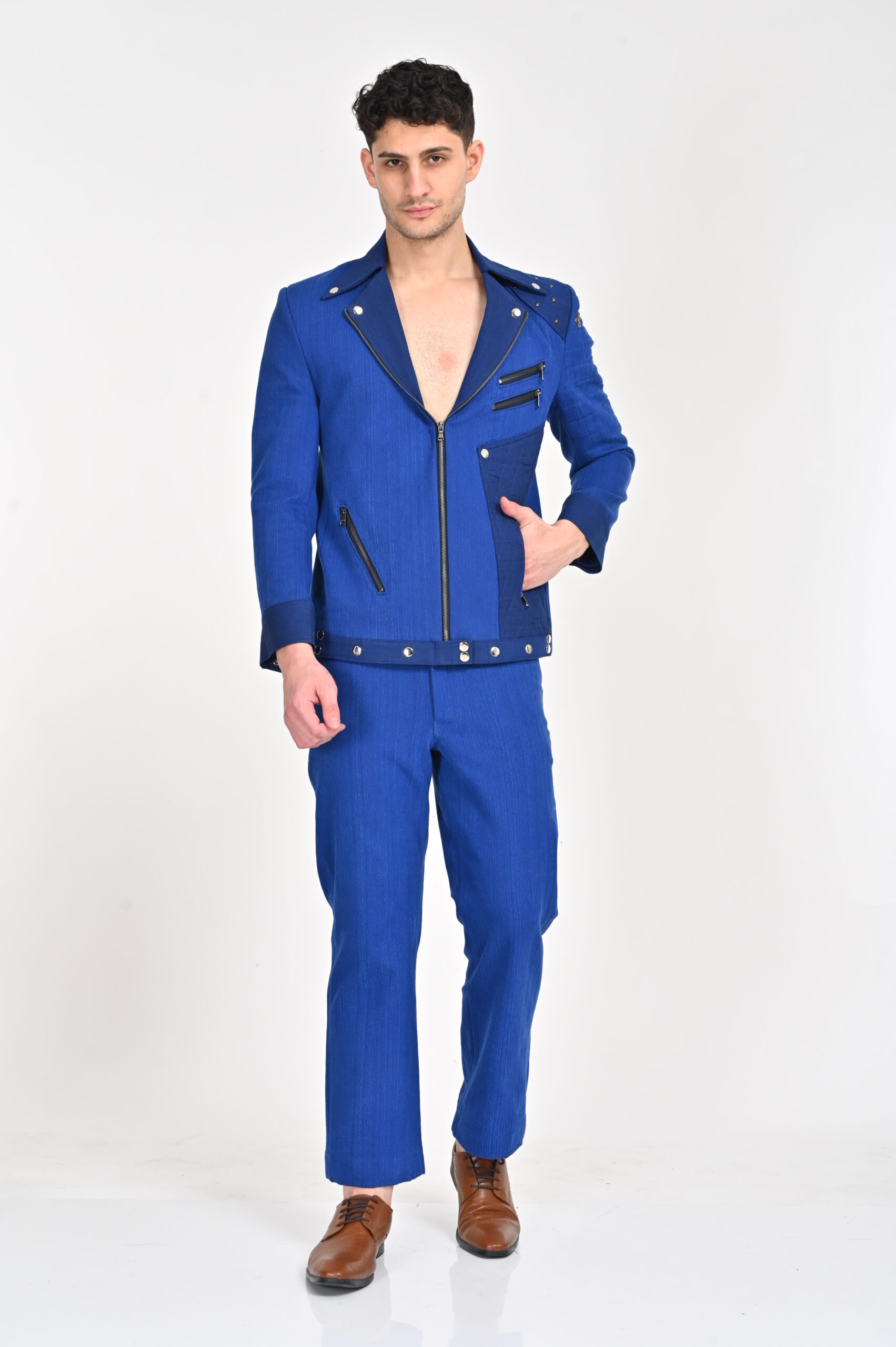 Denim Power Duo: Men's Blue Jacket and Pants Set