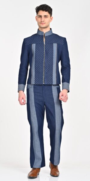 Denim Powerhouse: Men's Blue Jacket with Contrast Panels and Metal Accents