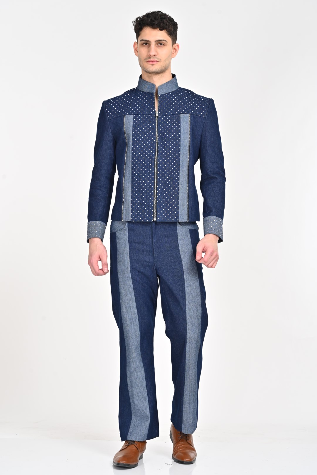 Denim Powerhouse: Men's Blue Jacket with Contrast Panels and Metal Accents