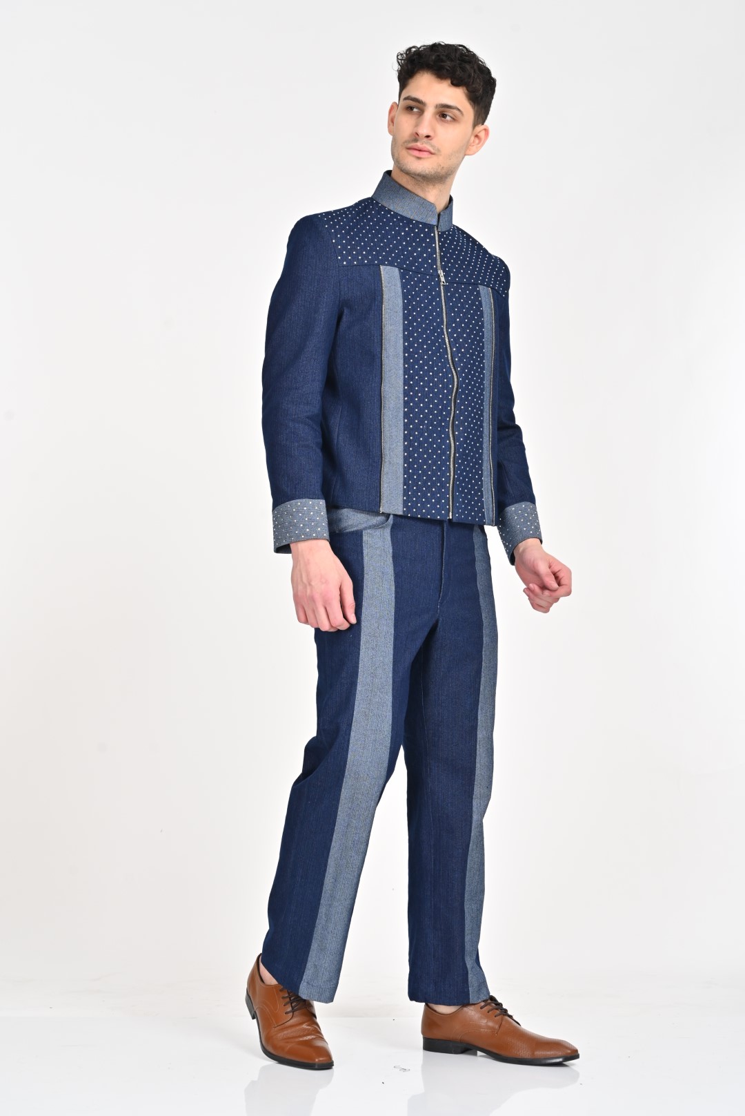 Denim Powerhouse: Men's Blue Jacket with Contrast Panels and Metal Accents - Image 2