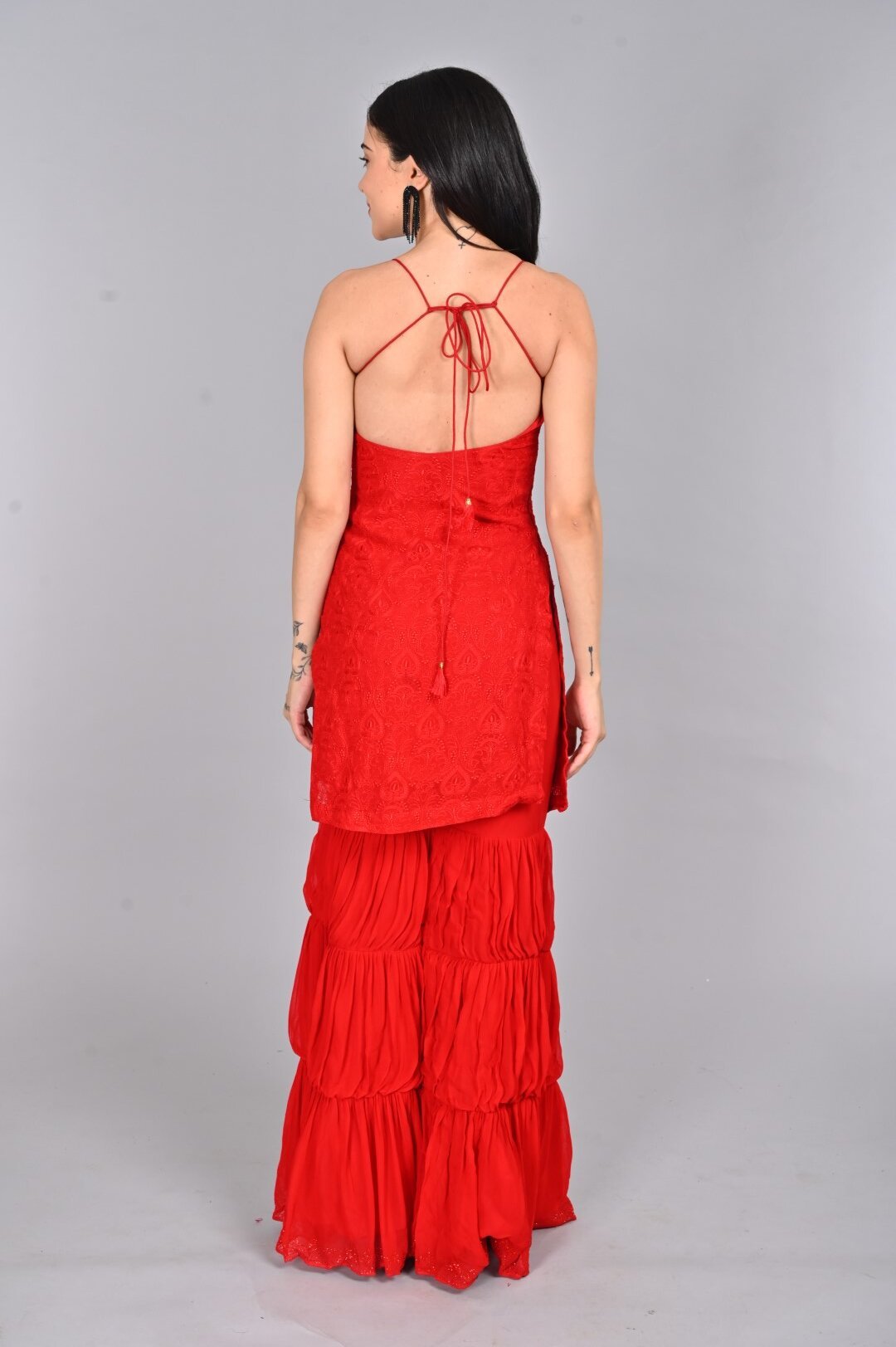 Vibrant Red Kurta Set with Sharara Pants - Image 6