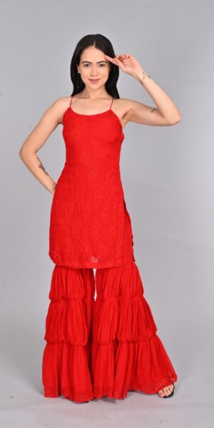 Vibrant Red Kurta Set with Sharara Pants
