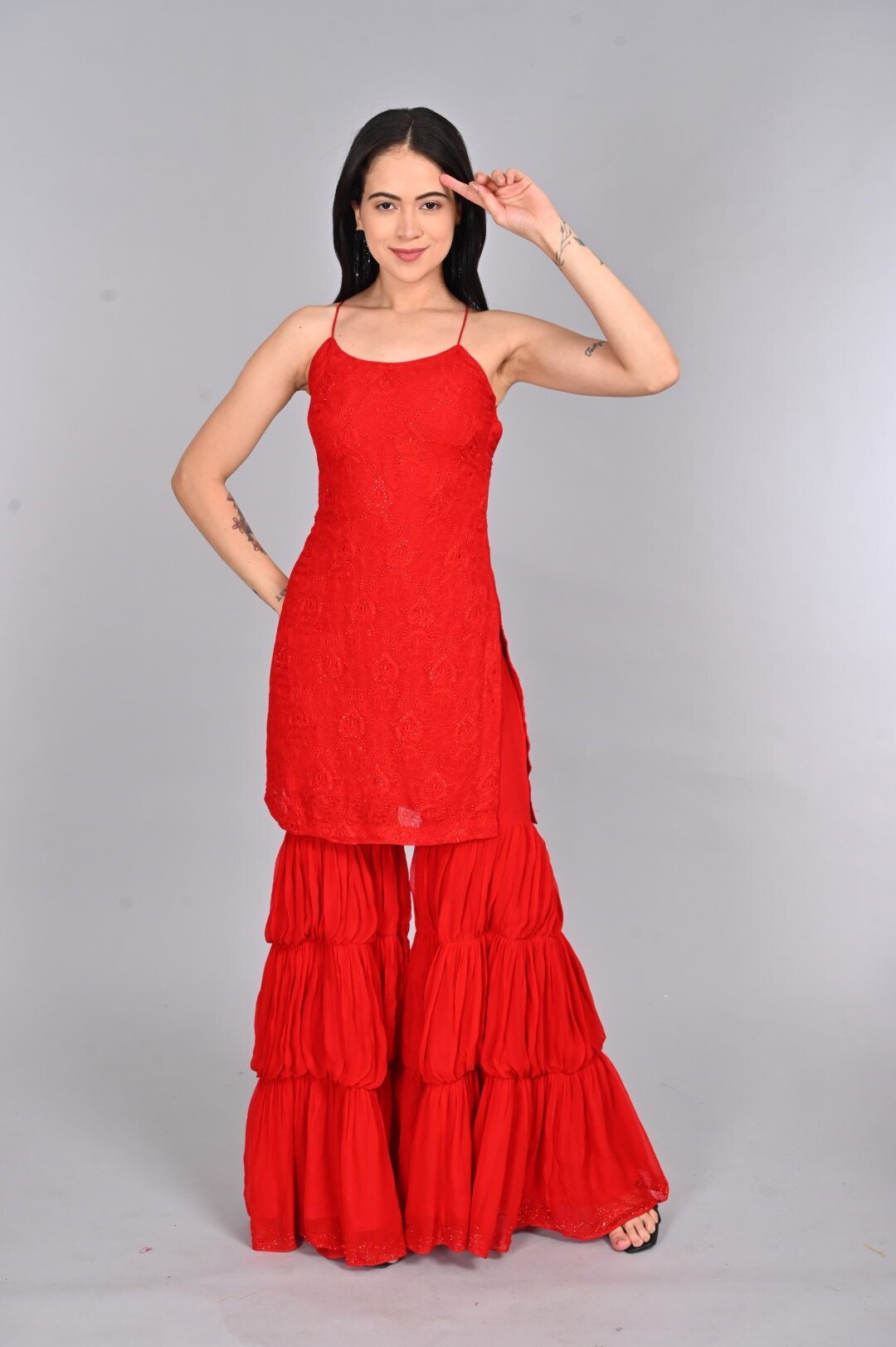 Vibrant Red Kurta Set with Sharara Pants