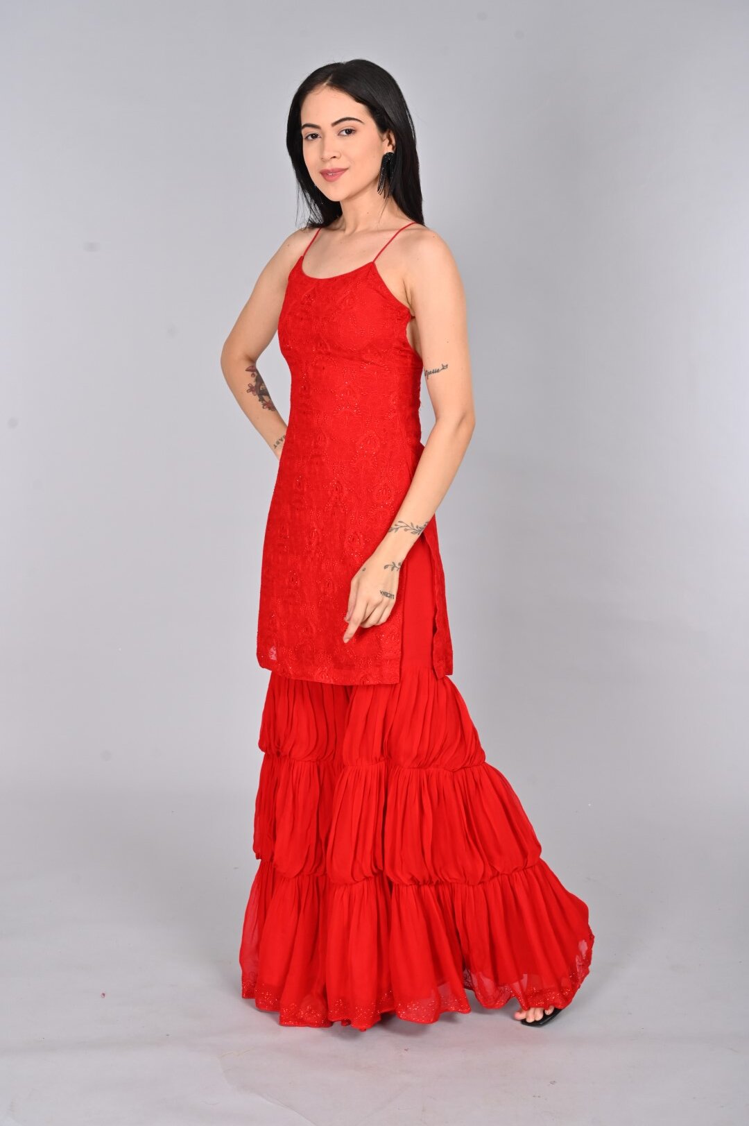Vibrant Red Kurta Set with Sharara Pants - Image 2
