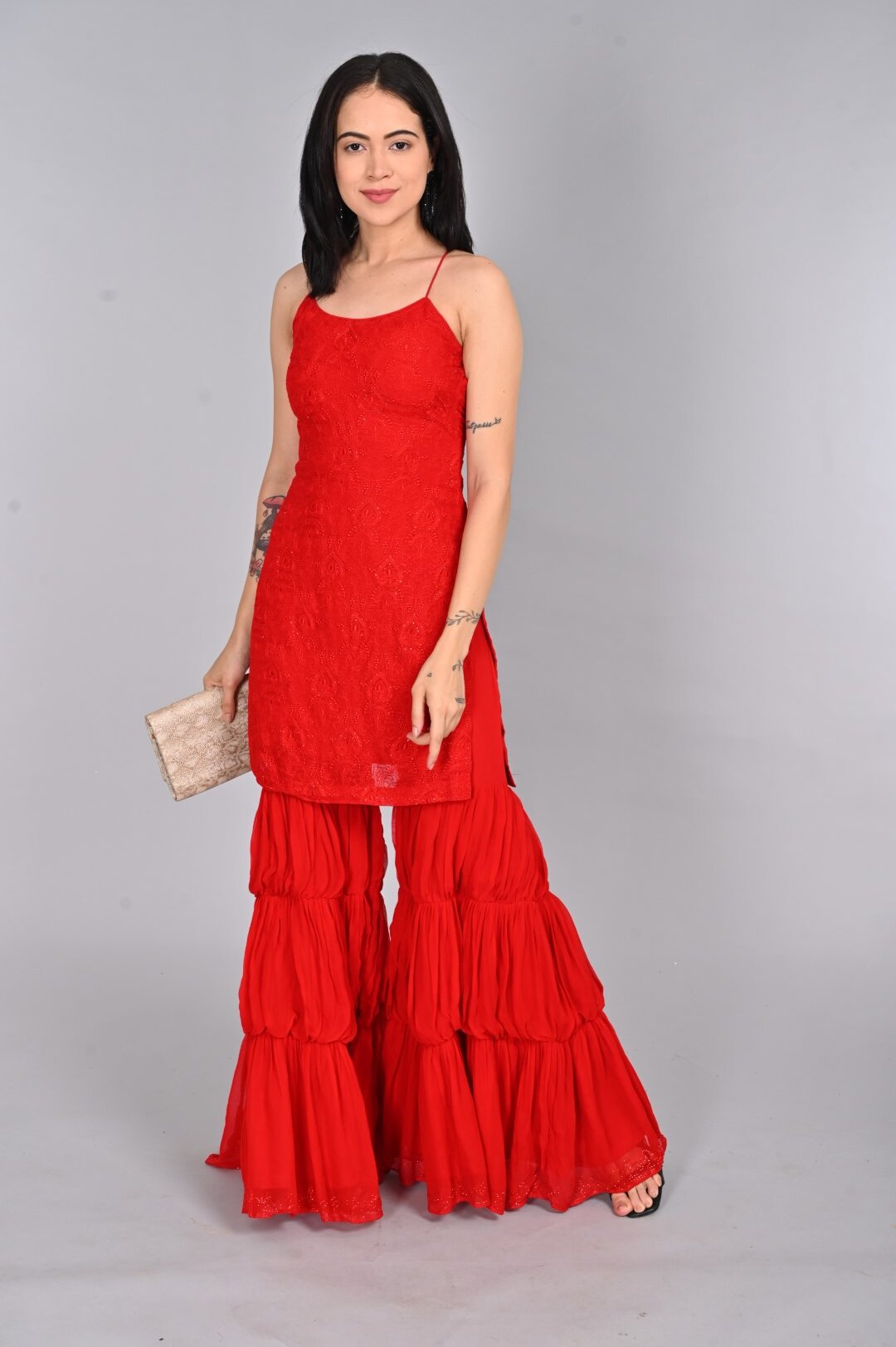 Vibrant Red Kurta Set with Sharara Pants - Image 4