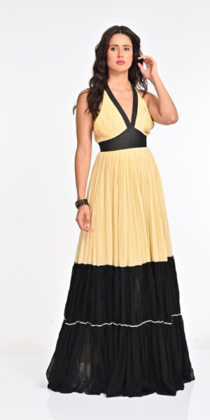Elegant Pleated Maxi Dress with Black Trim and Contrast Piping