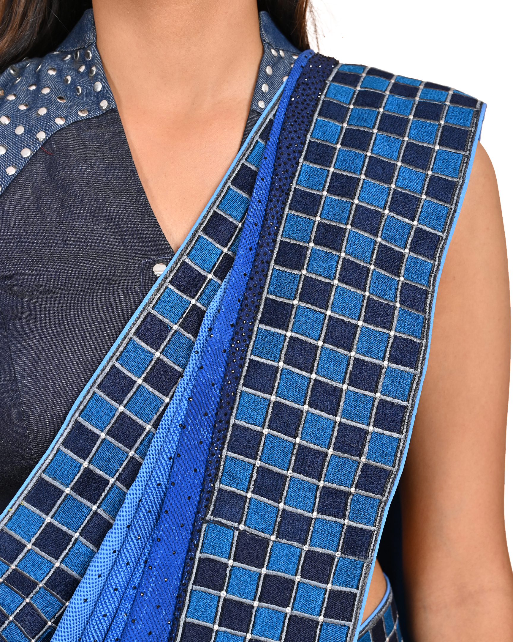 Denim Blue Ombre Saree with Checkered Border and Embellishments - Image 5