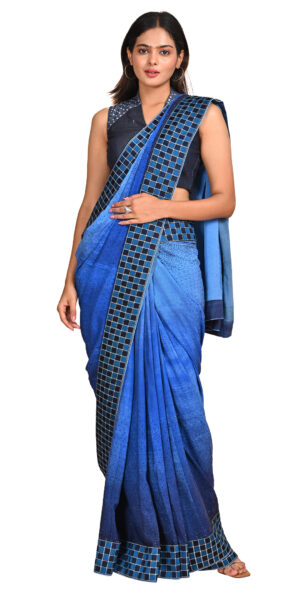 Denim Blue Ombre Saree with Checkered Border and Embellishments