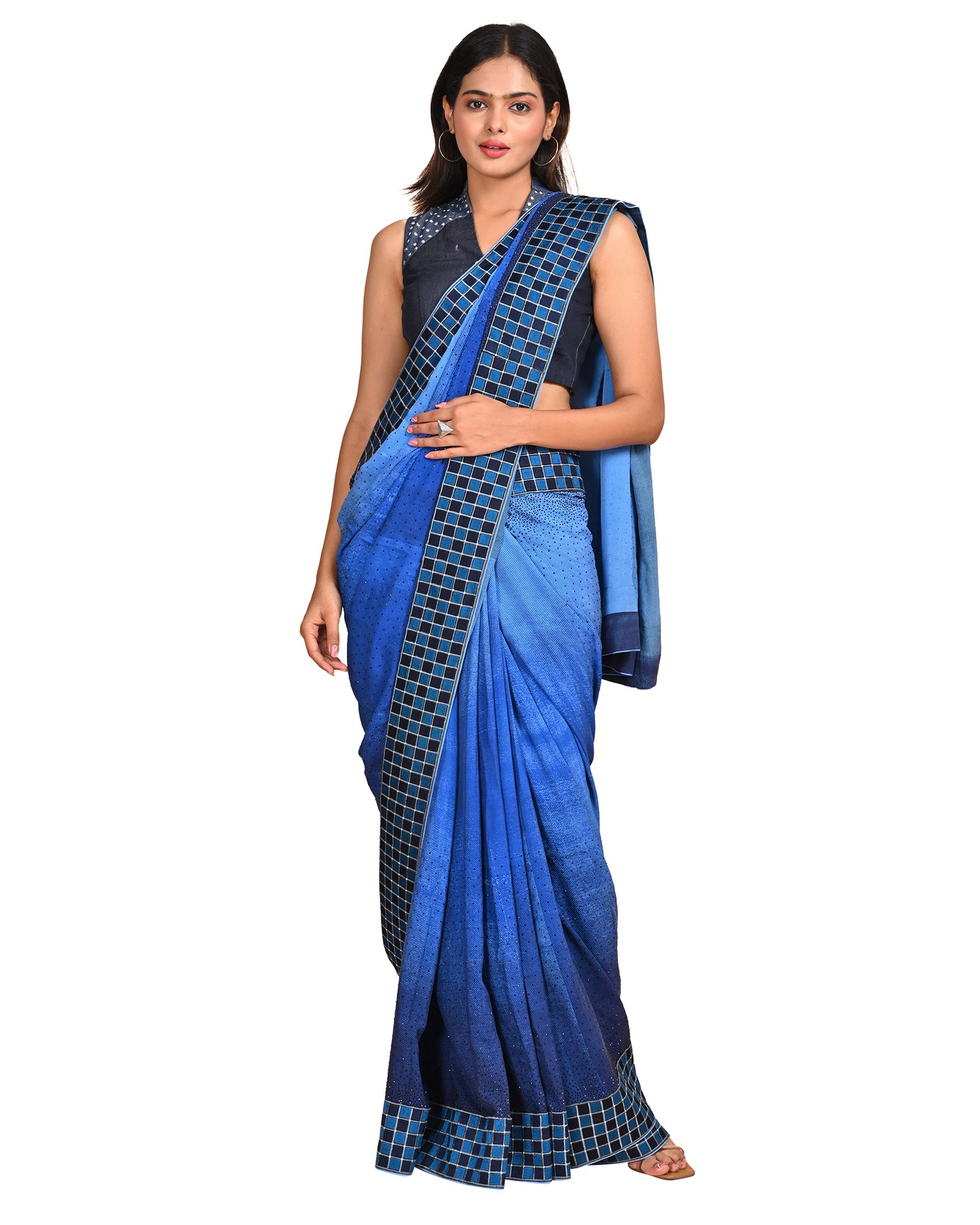 Denim Blue Ombre Saree with Checkered Border and Embellishments