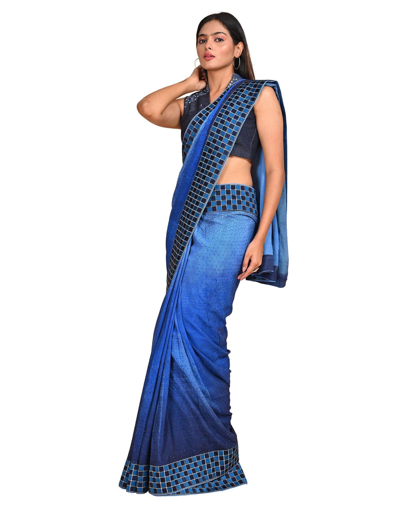 Denim Blue Ombre Saree with Checkered Border and Embellishments - Image 3