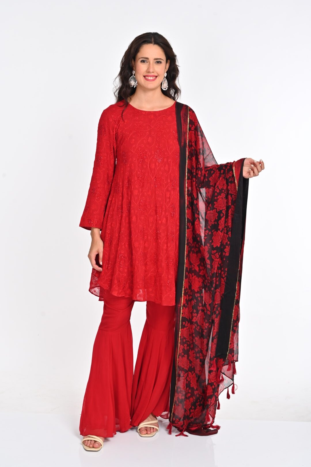 Vibrant Red Chikan Kari Suit with Floral Dupatta and Gold Embellishments - Image 3