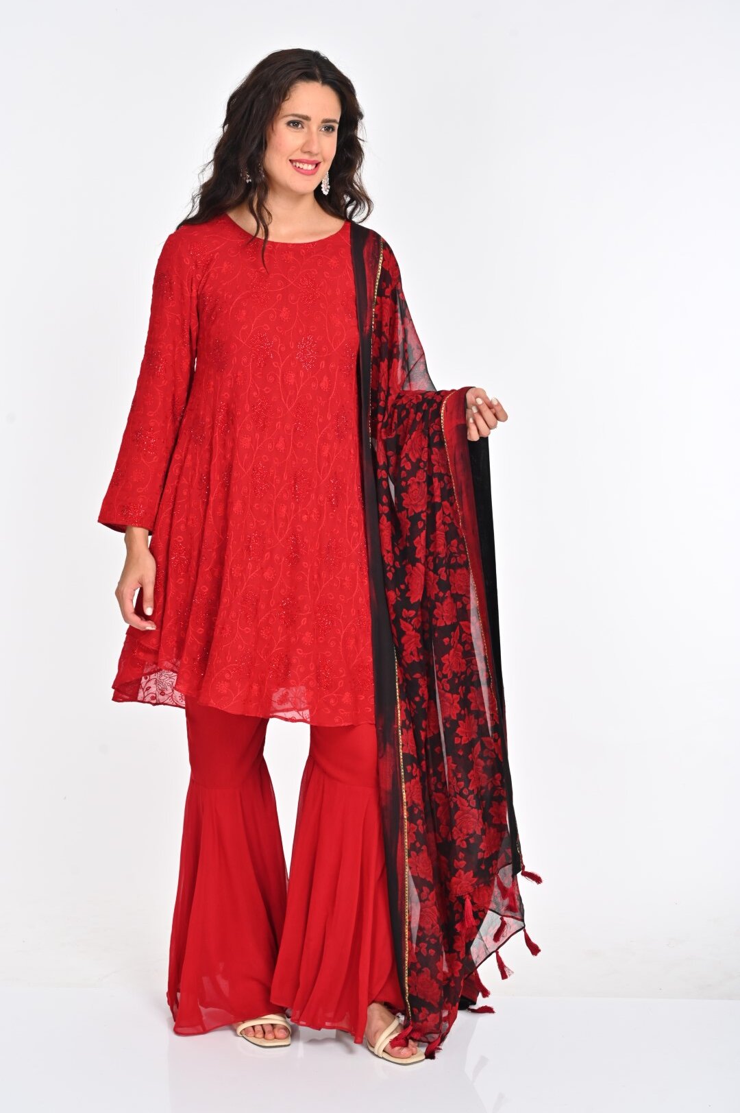 Vibrant Red Chikan Kari Suit with Floral Dupatta and Gold Embellishments - Image 2