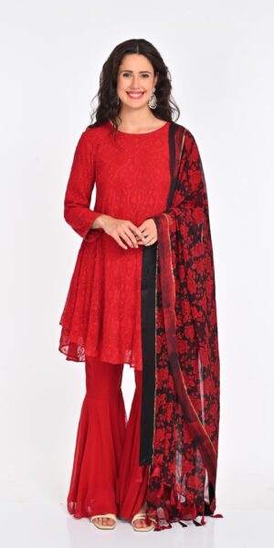 Vibrant Red Chikan Kari Suit with Floral Dupatta and Gold Embellishments
