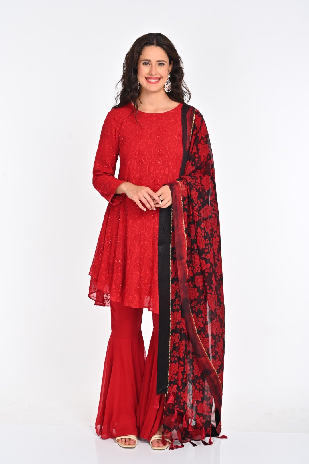 Vibrant Red Chikan Kari Suit with Floral Dupatta and Gold Embellishments