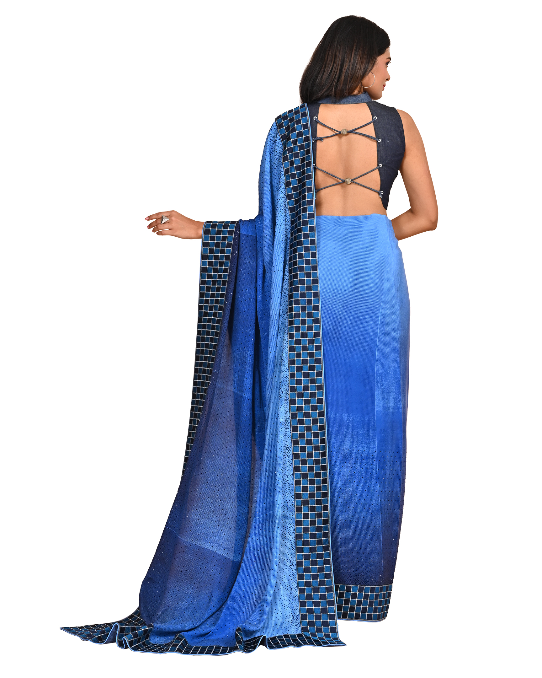 Denim Blue Ombre Saree with Checkered Border and Embellishments - Image 2