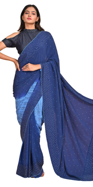 Denim Blue Saree with Crystal Embellishments and Pleated Pallu