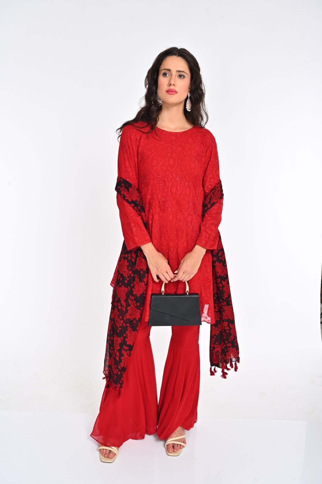 Vibrant Red Chikan Kari Suit with Floral Dupatta and Gold Embellishments - Image 4