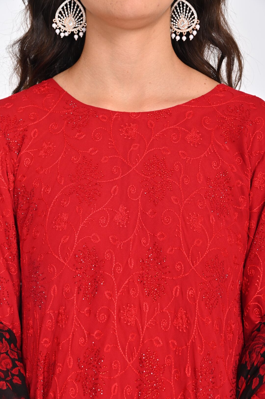 Vibrant Red Chikan Kari Suit with Floral Dupatta and Gold Embellishments - Image 6