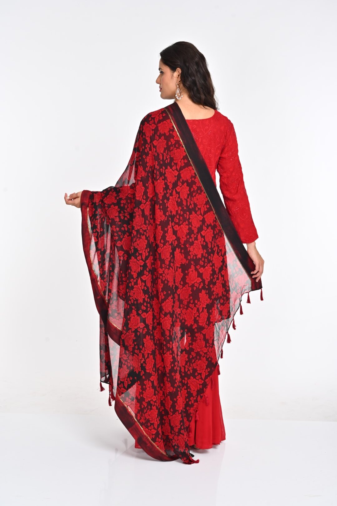 Vibrant Red Chikan Kari Suit with Floral Dupatta and Gold Embellishments - Image 5